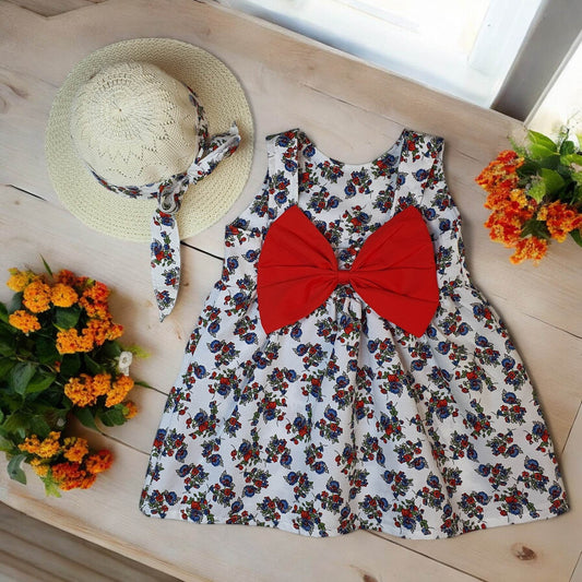 Sweet & Adorable Baby Girl's Flower Print Puffy Cami Dress with Bow & Hat - Toddler's Beach Holiday Outfit - IRRAKIDS