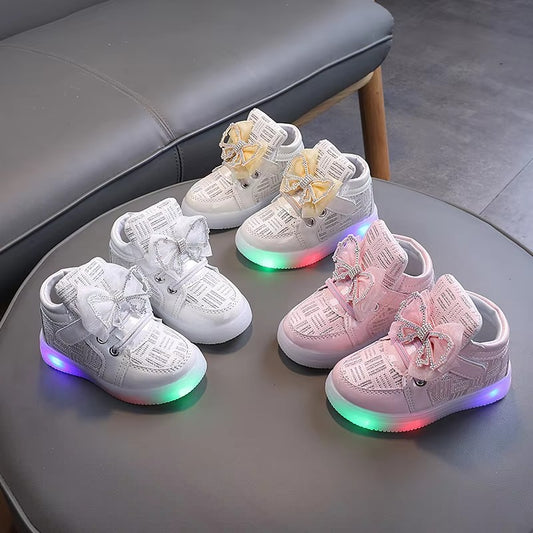 Child Light Up Shoes Girls High Top Luminous Sole Boots Childhood Kids Girl LED Sneakers New Bow-tie Princess