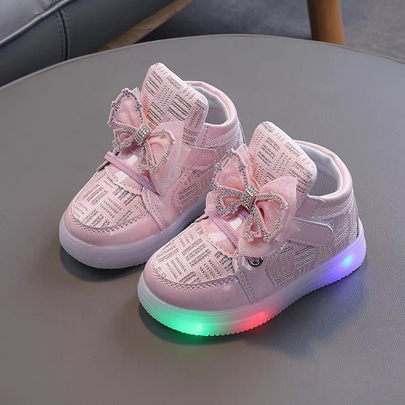 Chaussures lumineuses pour enfants, bottes hautes à semelle lumineuse pour filles, baskets LED pour enfants et filles, nouvelle collection de princesse avec nœud papillon