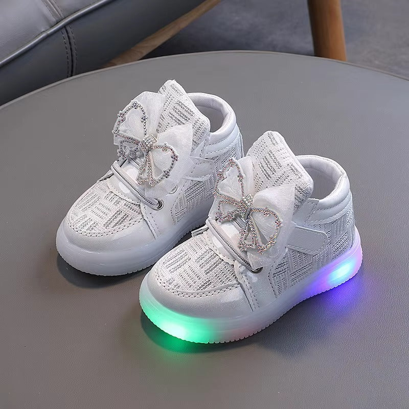 Chaussures lumineuses pour enfants, bottes hautes à semelle lumineuse pour filles, baskets LED pour enfants et filles, nouvelle collection de princesse avec nœud papillon