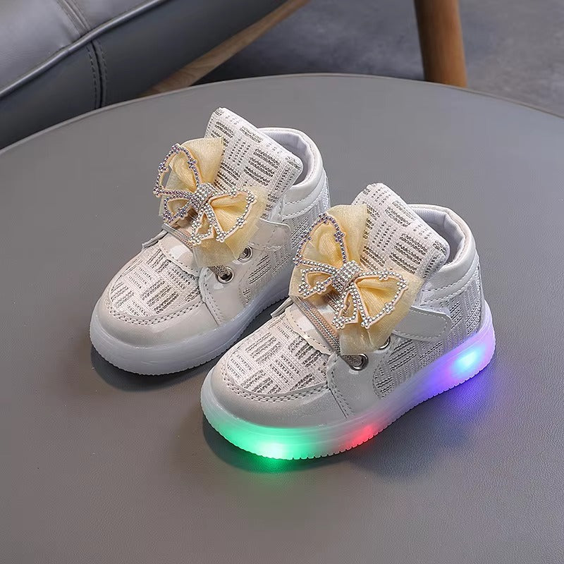 Chaussures lumineuses pour enfants, bottes hautes à semelle lumineuse pour filles, baskets LED pour enfants et filles, nouvelle collection de princesse avec nœud papillon