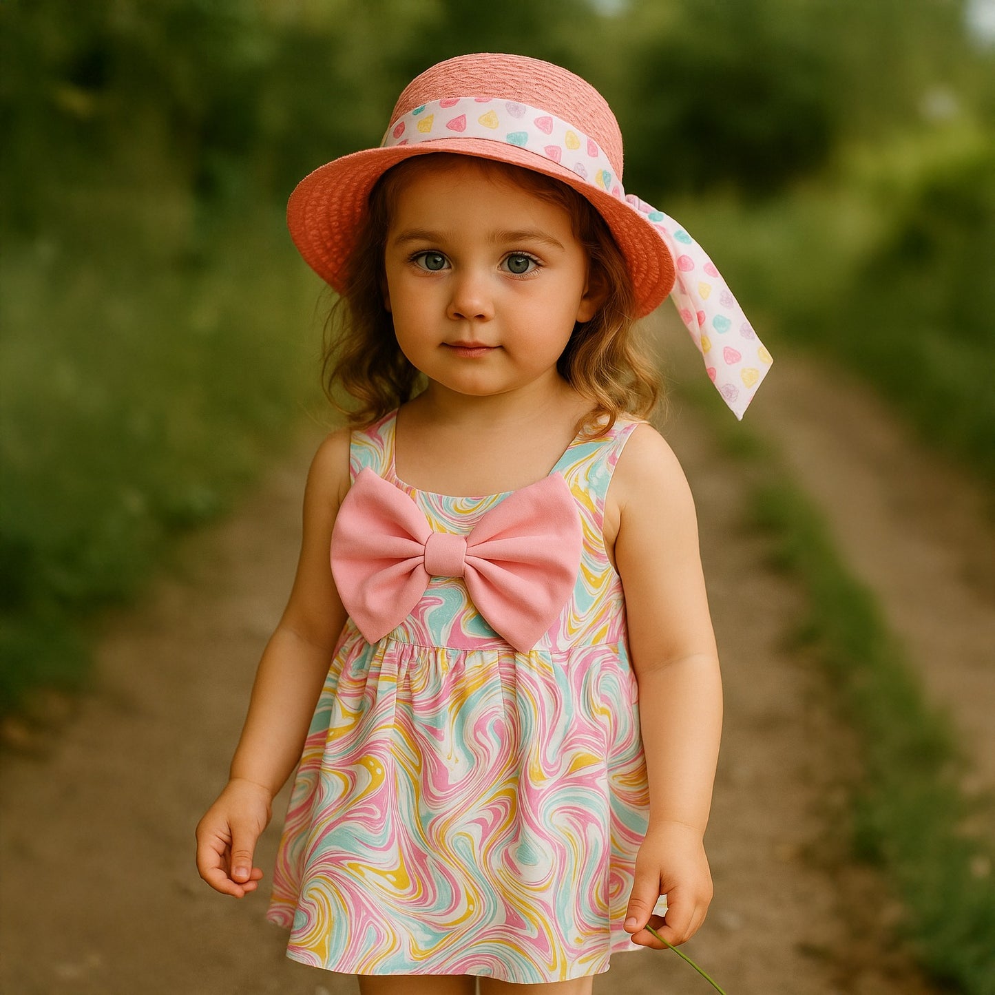 Girls' colorful summer dress with a stylish hat and a large bow tie 2
