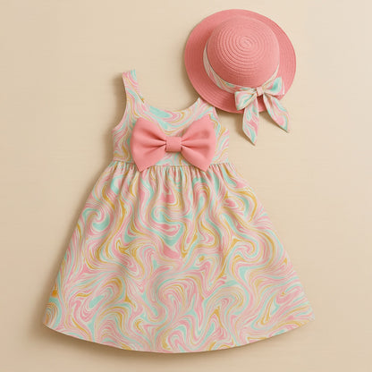 Girls' colorful summer dress with a stylish hat and a large bow tie 2