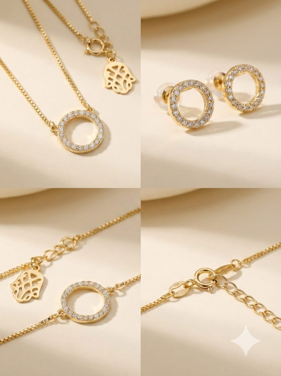 Girls' 3-Piece Gold Anti-Tarnish Jewelry Set - Diamond Circle & Hamsa Hand Motif Necklace, Bracelet, and Earrings