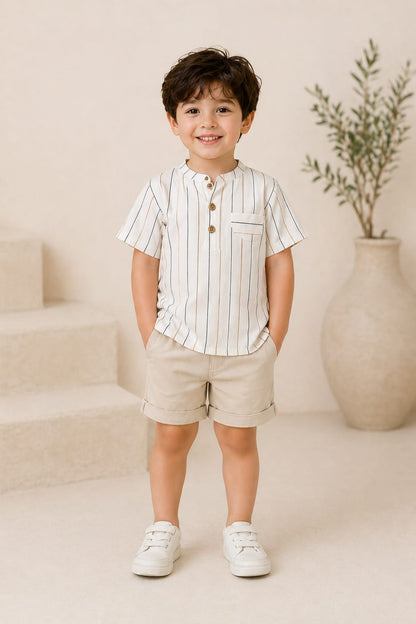 Ensemble de tenue d'été 2026 pour enfants, chemise rayée en coton, short et robe, vêtements doux et respirants pour garçons et filles