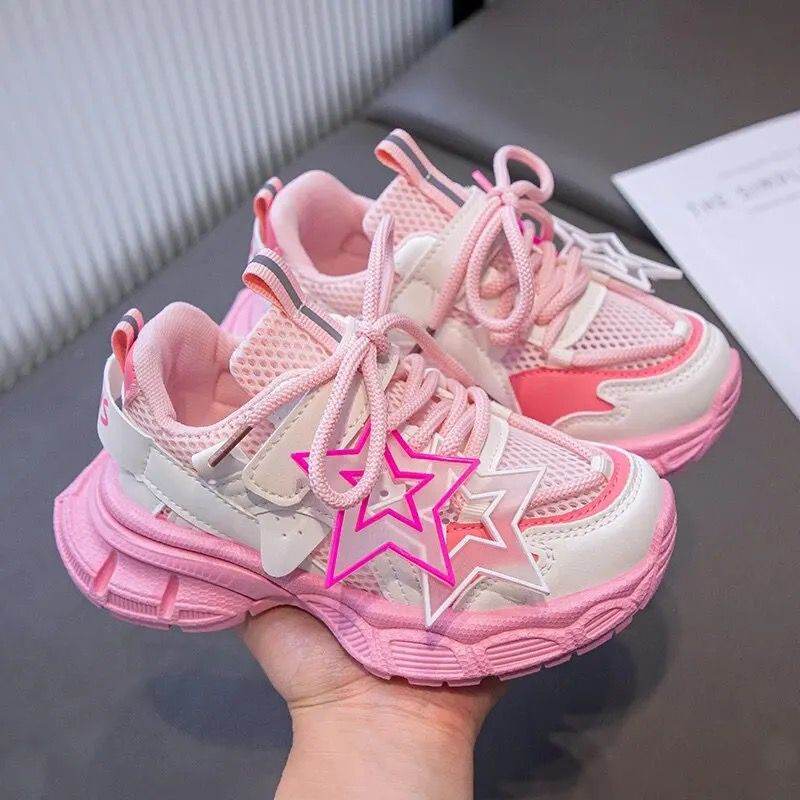 Fashion Cute Star Mesh Sneakers for Girls Breathable Non slip Running IRRAKIDS