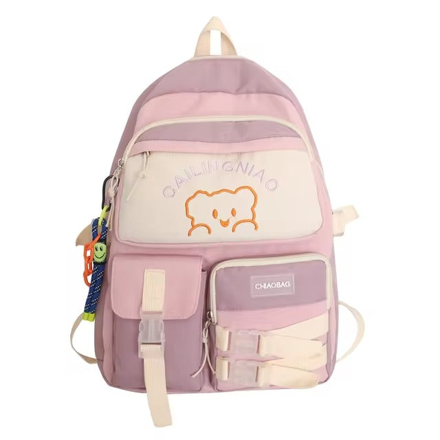 Sacs à dos multi-poches de style coréen pour filles et garçons, sacs d'école imperméables avec ours brodé