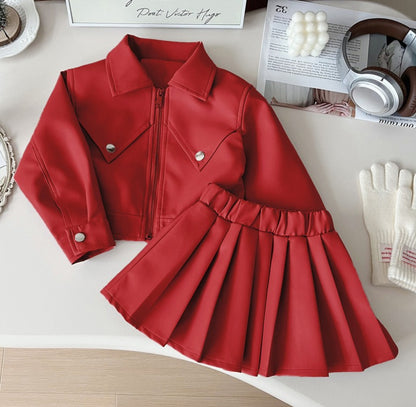 2025 winter - Korean Style Girls' Fragrant Leather Jacket & Pleated Skirt Set – Perfectly Chic for Your Little Miss!"
