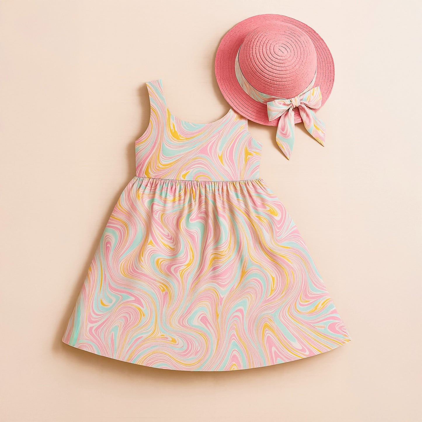 Girls' colorful summer dress with a stylish hat and a large bow tie 2