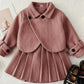 Girls' Autumn/Winter Casual Tweed Lapel Coat and Retro Pleated Skirt Two-Piece Set