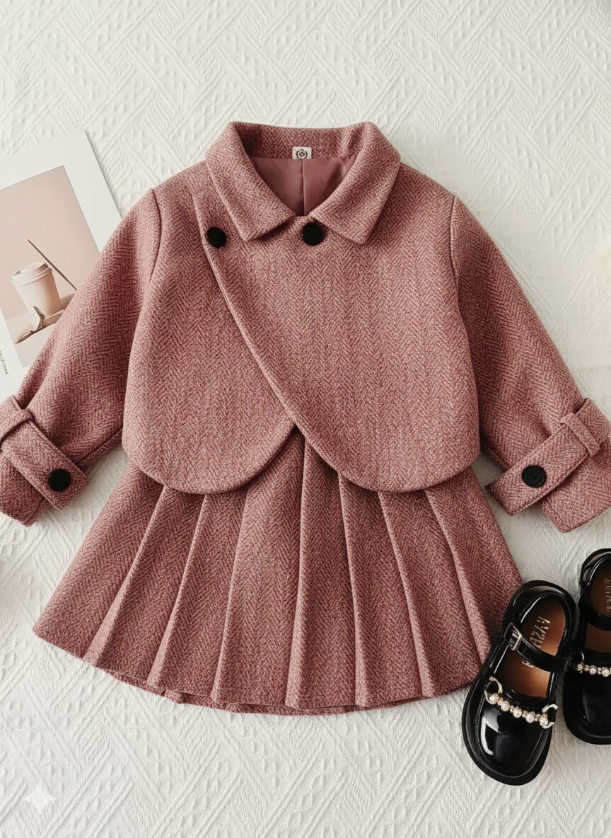 Girls' Autumn/Winter Casual Tweed Lapel Coat and Retro Pleated Skirt Two-Piece Set