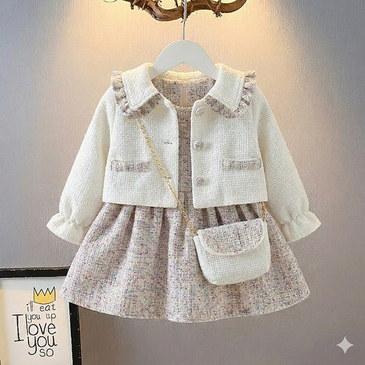 🌸 Elegant Winter Girl Set – Soft Coat, Plaid Dress & Mini Bag 🌸