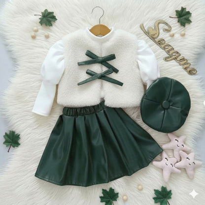 Ensemble d'hiver élégant pour fille : gilet en fausse fourrure, haut à manches bouffantes, jupe plissée et béret assorti