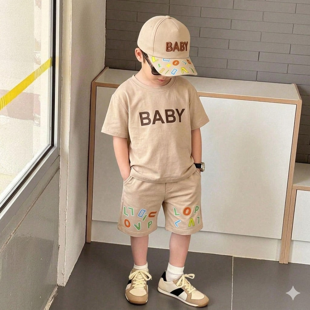 Boys’ “BABY” Cotton Summer Outfit Set with Matching Cap – Available in Blue & Beige