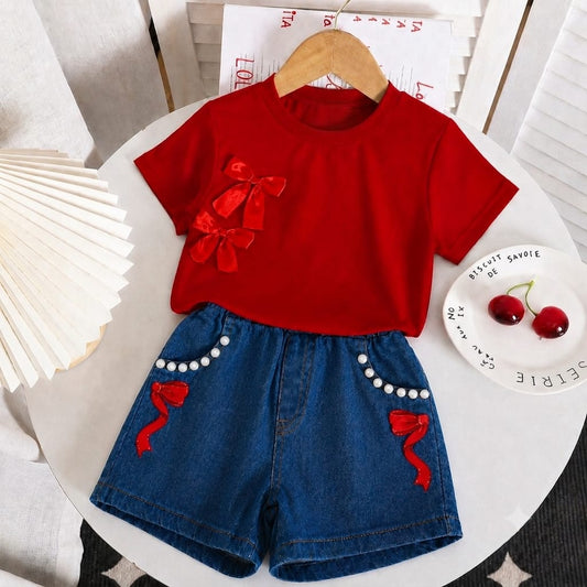 Ensemble d'été 2 pièces short en jean et t-shirt rouge avec nœud pour fille