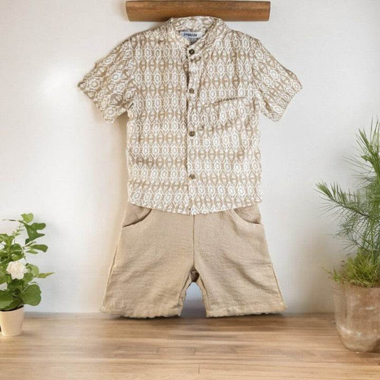 White & Brown Patterned Top with Brown Shorts Set for Kids - IRRAKIDS