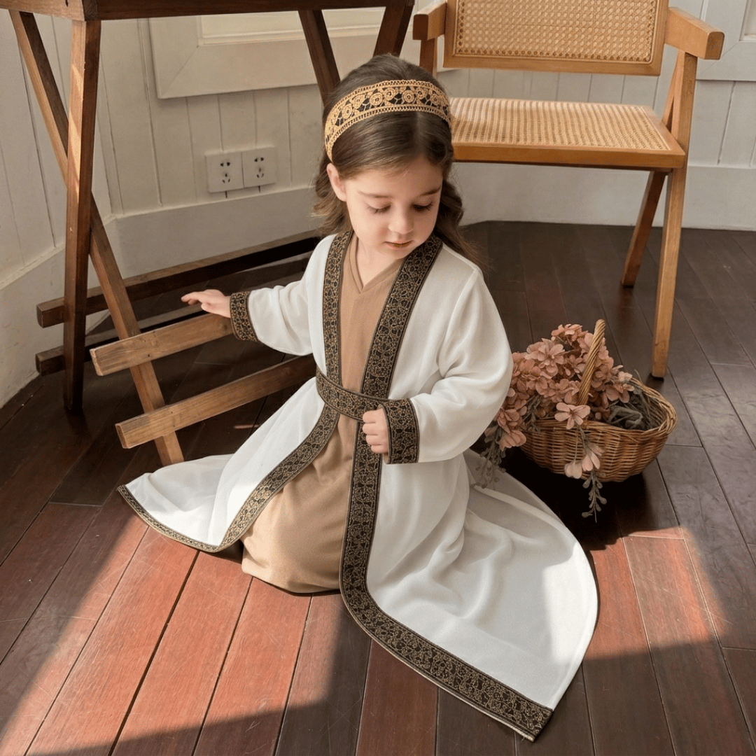 Robe Traditionnelle Classique Brodé avec Ceinture pour Fille – Ivoire et Beige