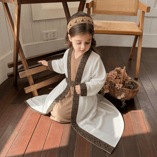 Classic Embroidered Girls Traditional Dress with Belt Detail – Ivory & Beige