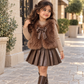 3pcs ' Elegant Winter Fur-like Coat & Skirt Set with Bow Detailing