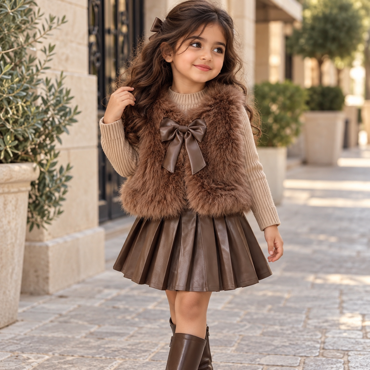 3pcs ' Elegant Winter Fur-like Coat & Skirt Set with Bow Detailing