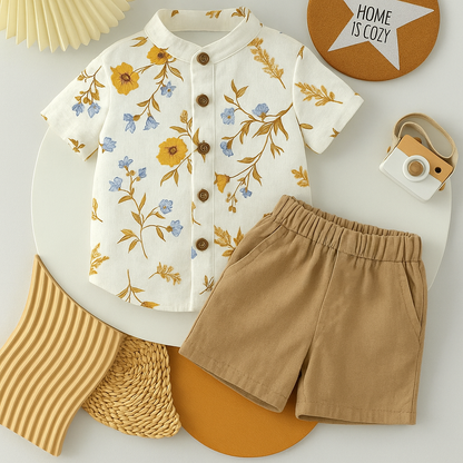 Ensemble chemise fleurie et short crème pour garçon – Léger et élégant