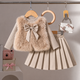 3pcs ' Elegant Winter Fur-like Coat & Skirt Set with Bow Detailing
