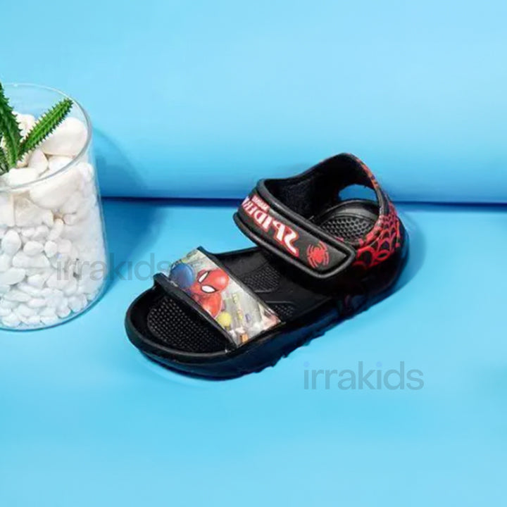 Heroic Webbed Wonders: Boys' Sandals with Dynamic Spider Print