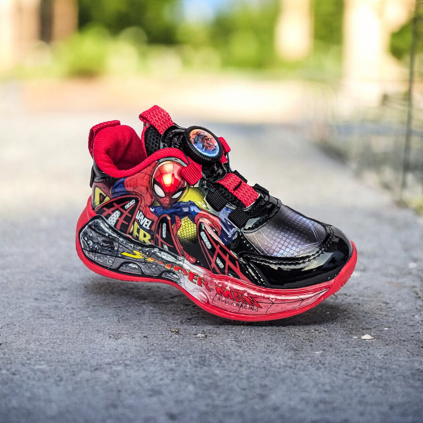 New Trendy Spiderman Sports Shoes for Boys: Featuring LED Lights & Easy to Wear Rotating Button