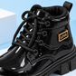Girls’ Glossy Lace-Up Ankle Boots with Chunky Treaded Soles, Padded Collars and Elegant Gold-Tone “LOVE” Details for Stylish Everyday Outfits