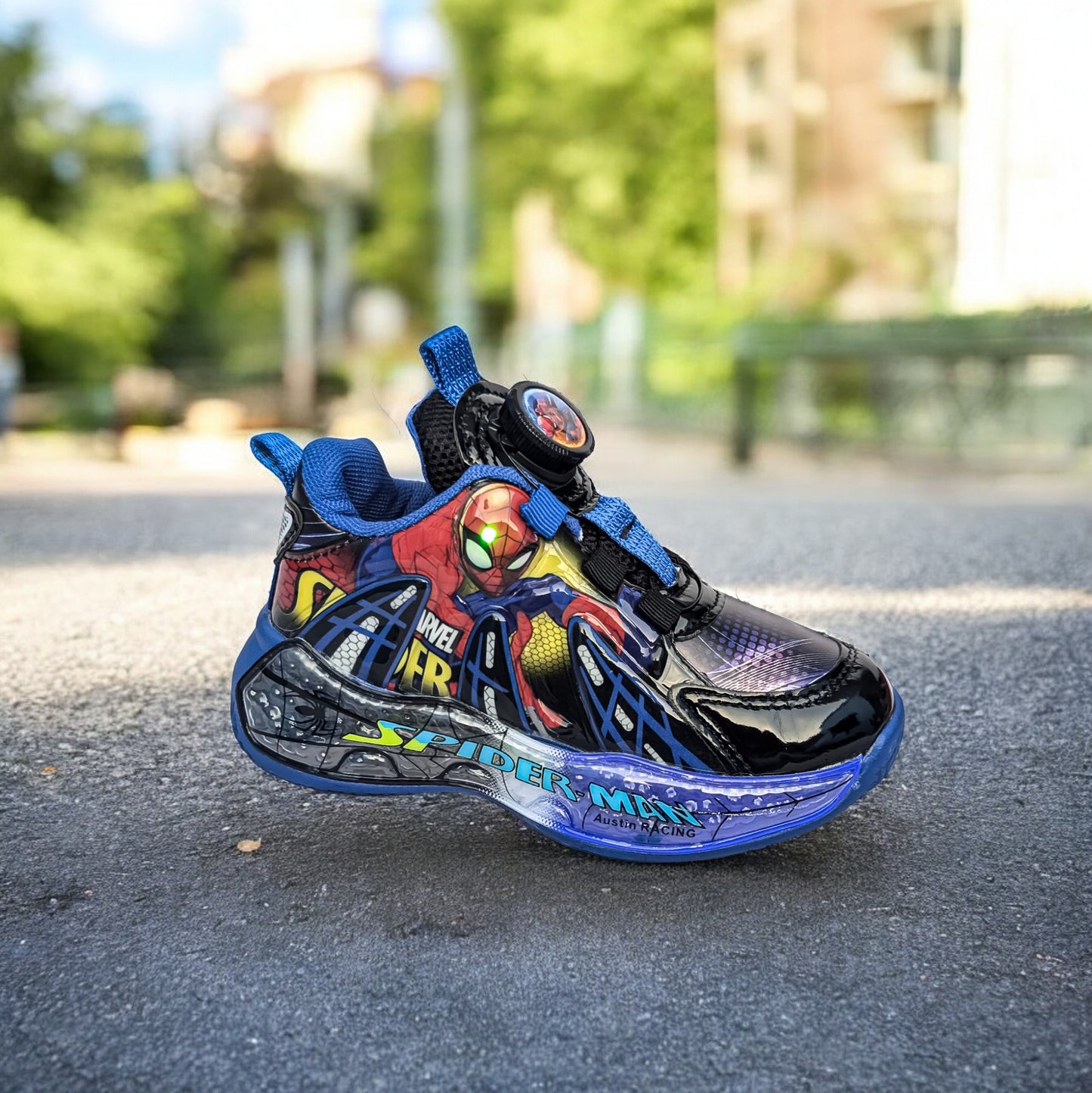 New Trendy Spiderman Sports Shoes for Boys: Featuring LED Lights & Easy to Wear Rotating Button