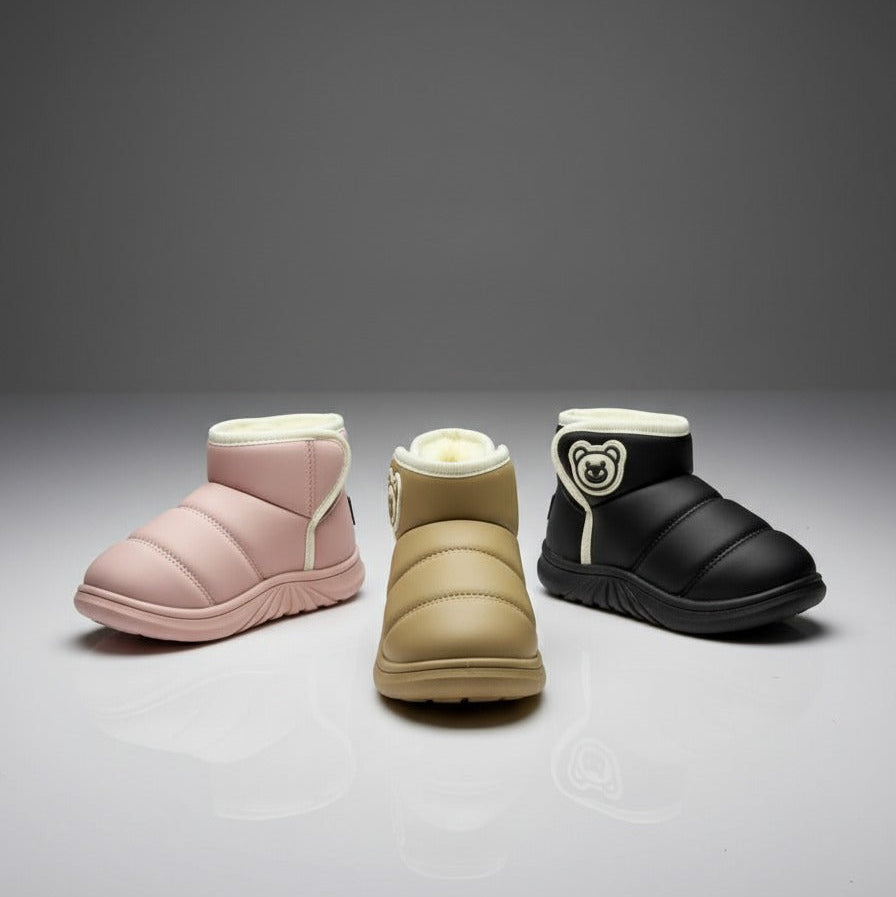 Girls' Plush-Lined Quilted Winter Ankle Boots with Bear Patch — Product image: 