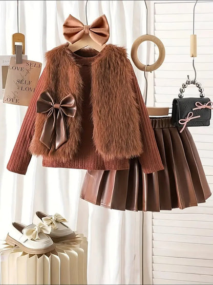 3pcs ' Elegant Winter Fur-like Coat & Skirt Set with Bow Detailing