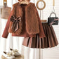 3pcs ' Elegant Winter Fur-like Coat & Skirt Set with Bow Detailing