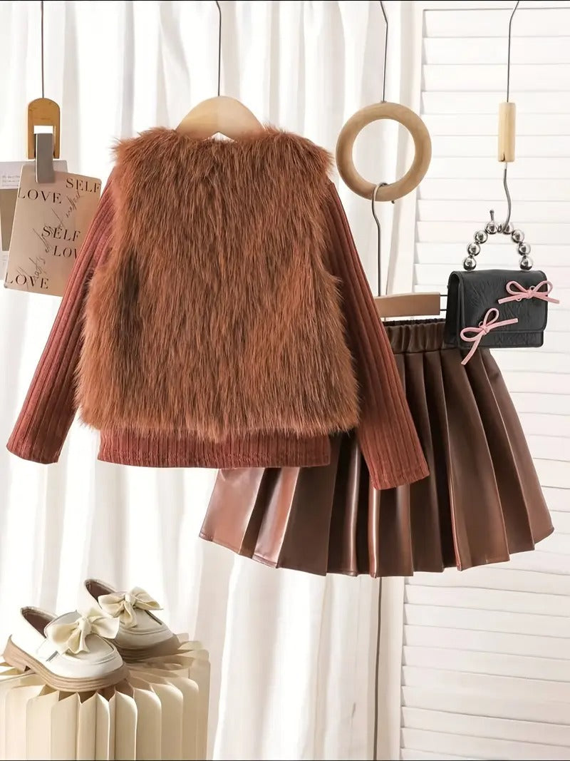 3pcs ' Elegant Winter Fur-like Coat & Skirt Set with Bow Detailing
