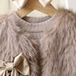 3pcs ' Elegant Winter Fur-like Coat & Skirt Set with Bow Detailing