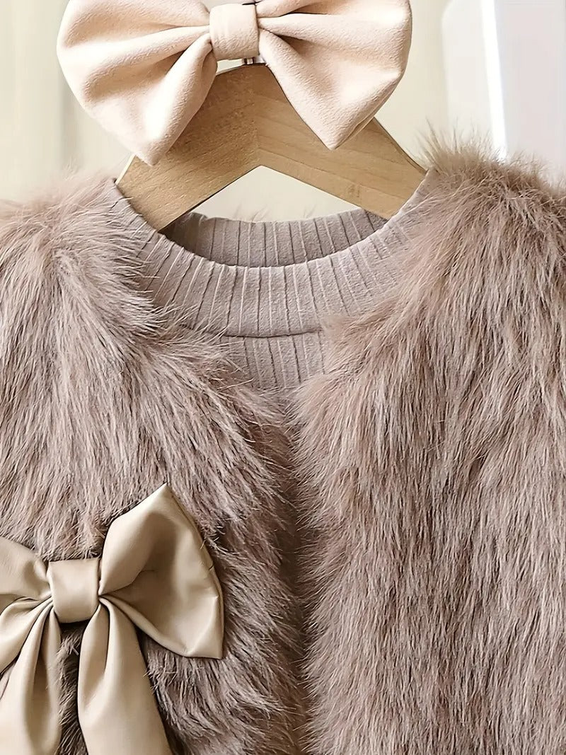 3pcs ' Elegant Winter Fur-like Coat & Skirt Set with Bow Detailing