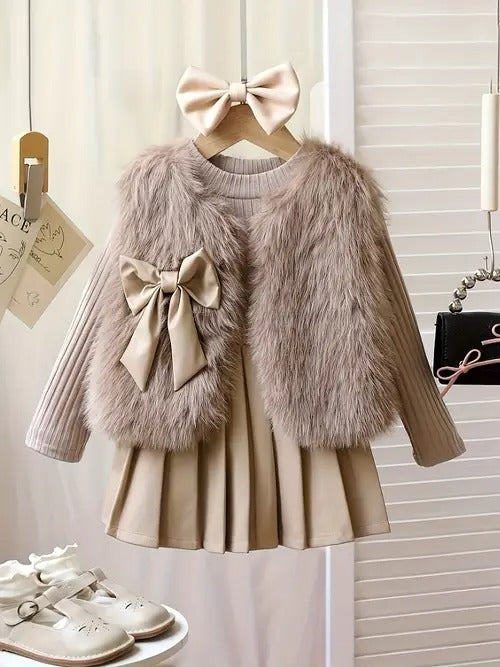 3pcs ' Elegant Winter Fur-like Coat & Skirt Set with Bow Detailing
