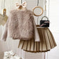 3pcs ' Elegant Winter Fur-like Coat & Skirt Set with Bow Detailing