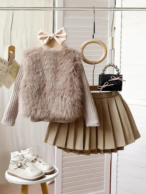 3pcs ' Elegant Winter Fur-like Coat & Skirt Set with Bow Detailing