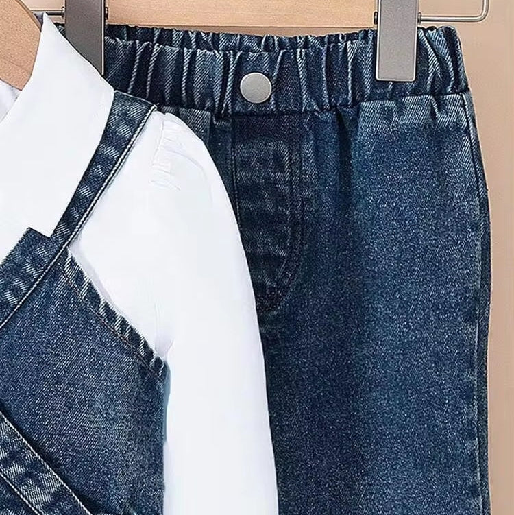 Ensemble 3 pièces pour filles avec pantalon en jean évasé, chemise blanche à manches bouffantes et débardeur en jean superposé