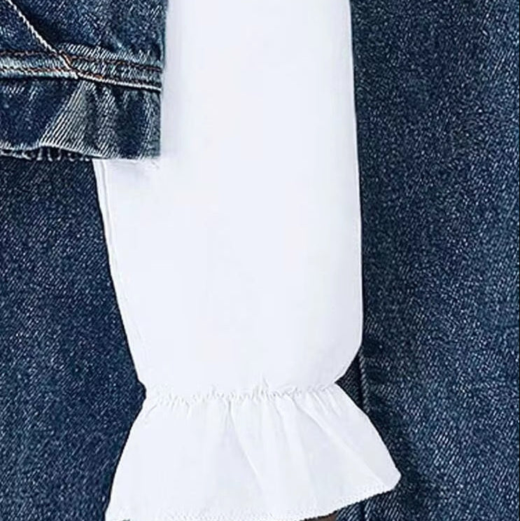 Ensemble 3 pièces pour filles avec pantalon en jean évasé, chemise blanche à manches bouffantes et débardeur en jean superposé