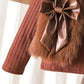 3pcs ' Elegant Winter Fur-like Coat & Skirt Set with Bow Detailing