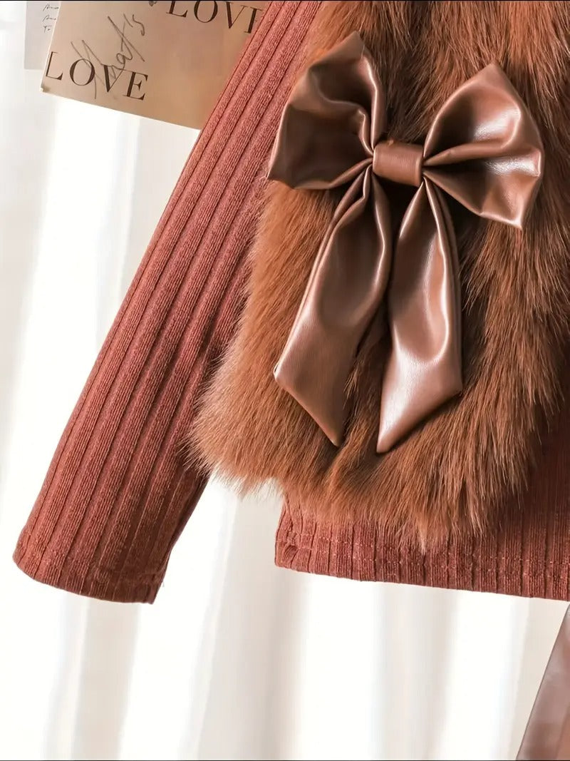 3pcs ' Elegant Winter Fur-like Coat & Skirt Set with Bow Detailing