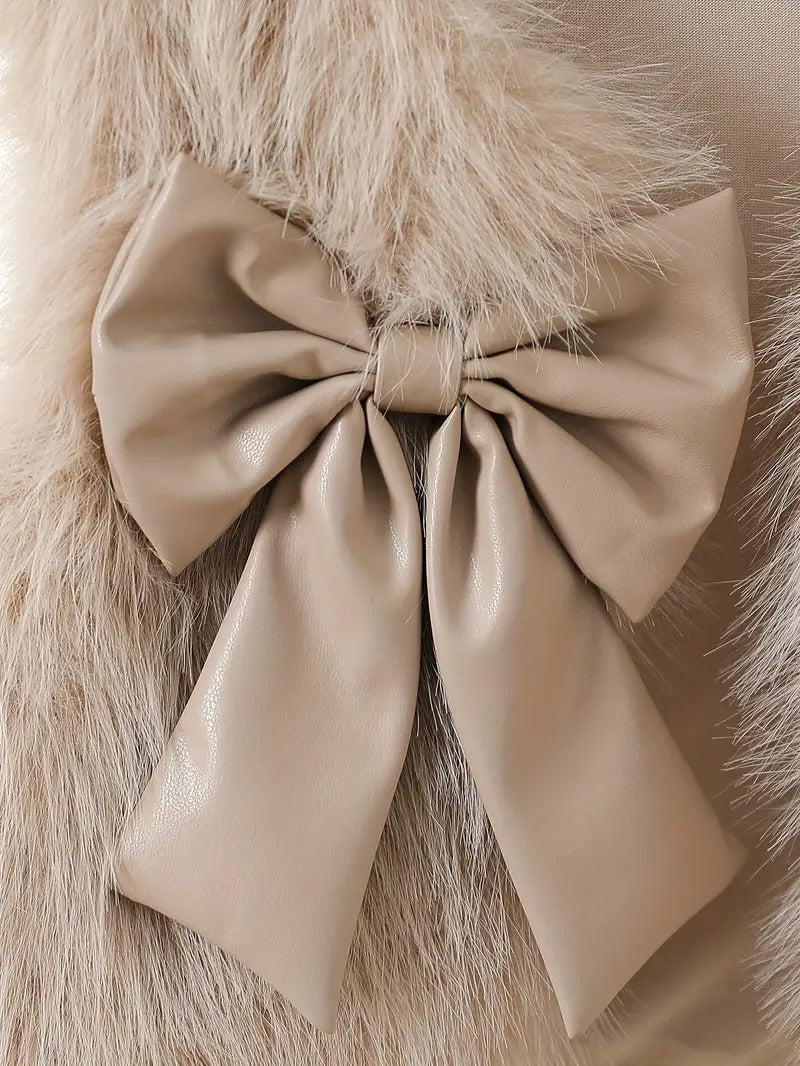 3pcs ' Elegant Winter Fur-like Coat & Skirt Set with Bow Detailing