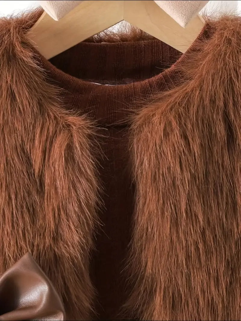 3pcs ' Elegant Winter Fur-like Coat & Skirt Set with Bow Detailing