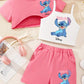 Tenue d'été 3 pièces Disney Stitch pour fille : ensemble haut court, débardeur et short pour s'amuser en plein air et se détendre.