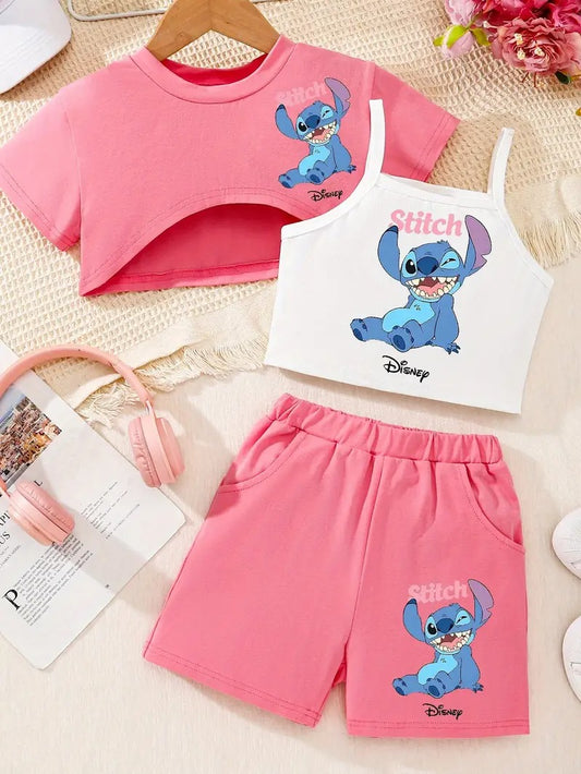 Tenue d'été 3 pièces Disney Stitch pour fille : ensemble haut court, débardeur et short pour s'amuser en plein air et se détendre.