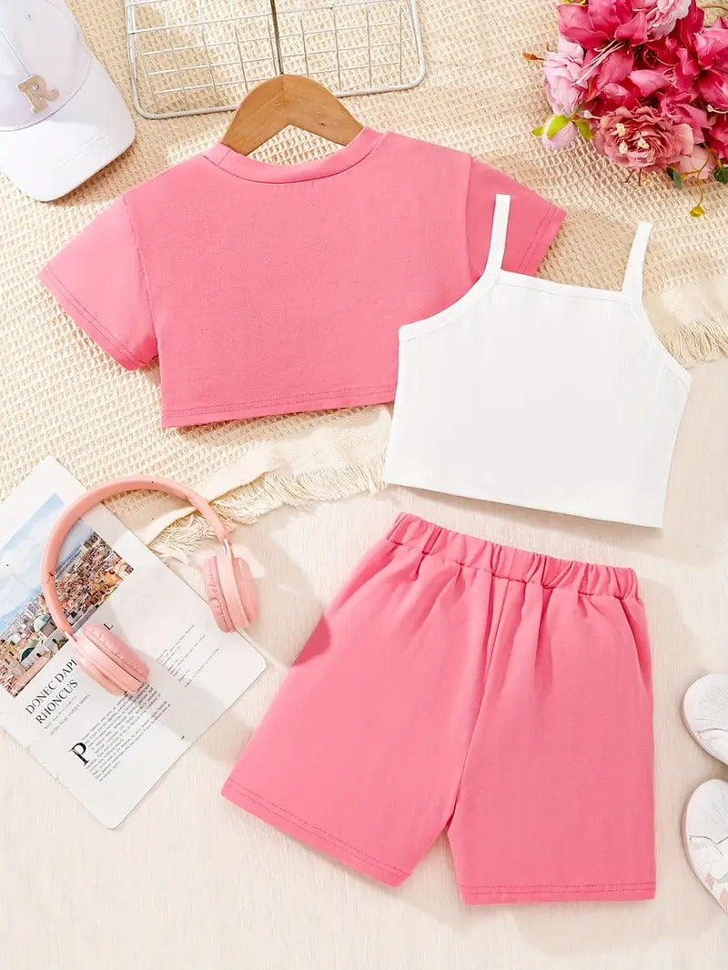 Tenue d'été 3 pièces Disney Stitch pour fille : ensemble haut court, débardeur et short pour s'amuser en plein air et se détendre.