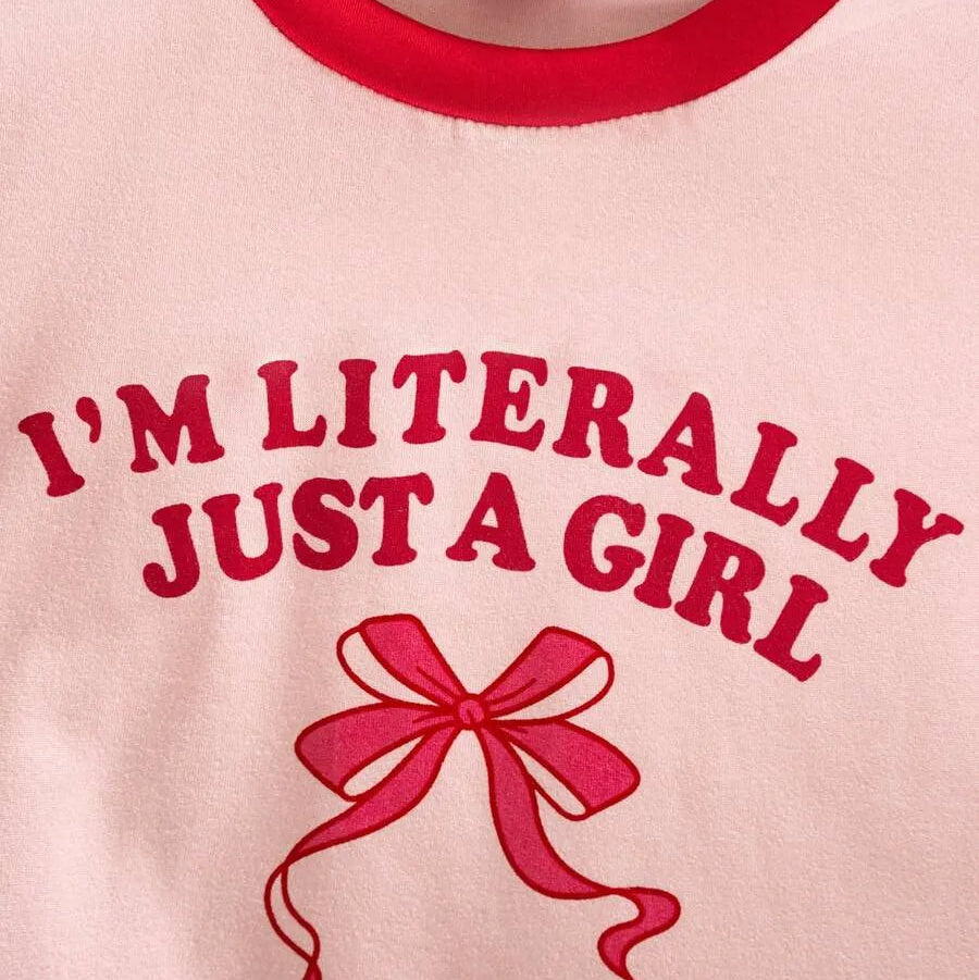 Girls' "I'm Literally Just a Girl" Bow Print T-Shirt & Denim Wide-Leg Jeans Set with Ribbon Details
