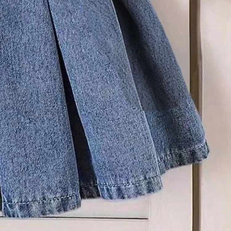 Girls' Bow Print T-Shirt & Pleated Denim Skirt 2-Piece Outfit Set – Stylish Casual Summer Clothing